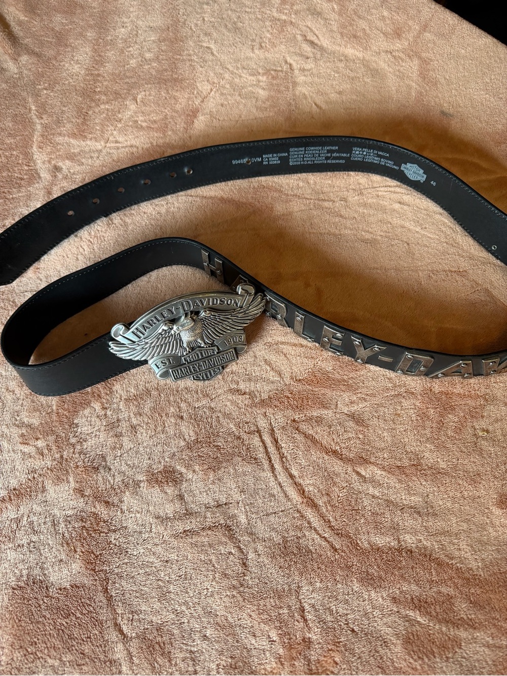 Harley-Davidson Black Leather Belt with Silver Winged Eagle Buckle and Lettering